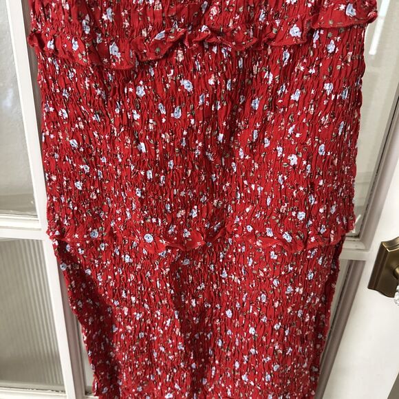 Red Sundress Midi Bodycon One Shoulder Tiered Ruffle Floral Boho Womens Medium - Picture 3 of 9